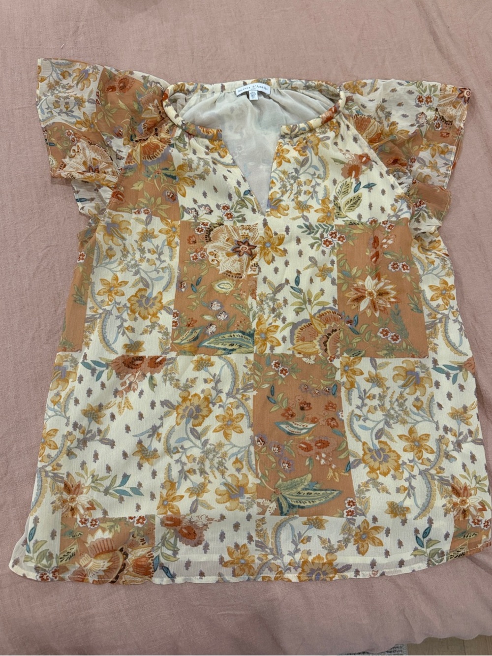 Patchwork Floral Flutter Sleeve Blouse - Cream & Tan